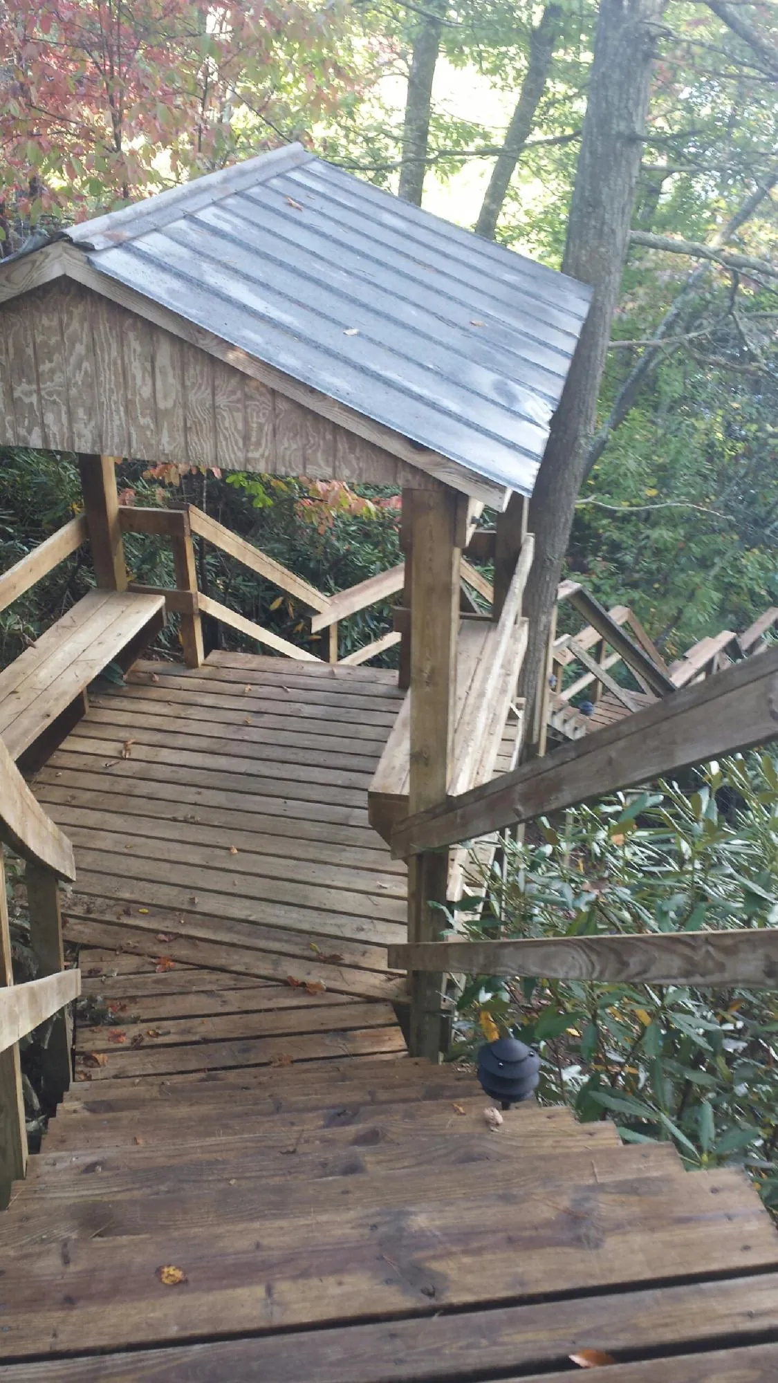 Metal roofed shelter over wooden steps on a wooded walkway — Skylight Repair & Installation work by our crew in Beryl